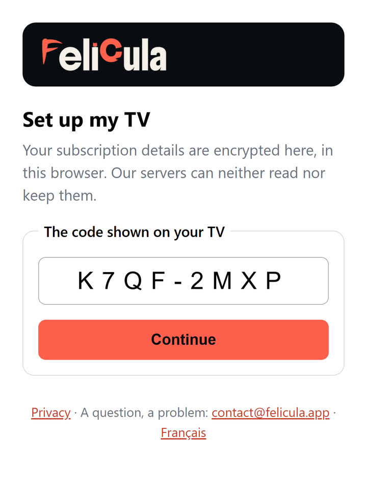 The pairing page on a phone: you copy the TV’s code, then enter your subscription’s login details.