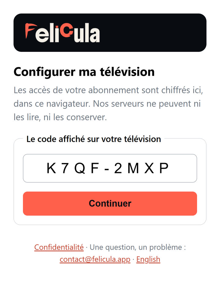 La page d’appairage sur un téléphone : on y recopie le code de la télévision, puis on saisit les accès de son abonnement.
